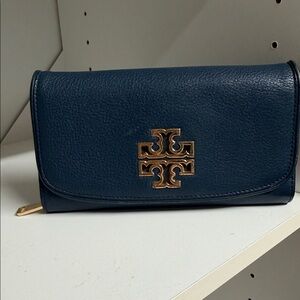 Tory Burch Dark Blue Clutch with Gold Logo